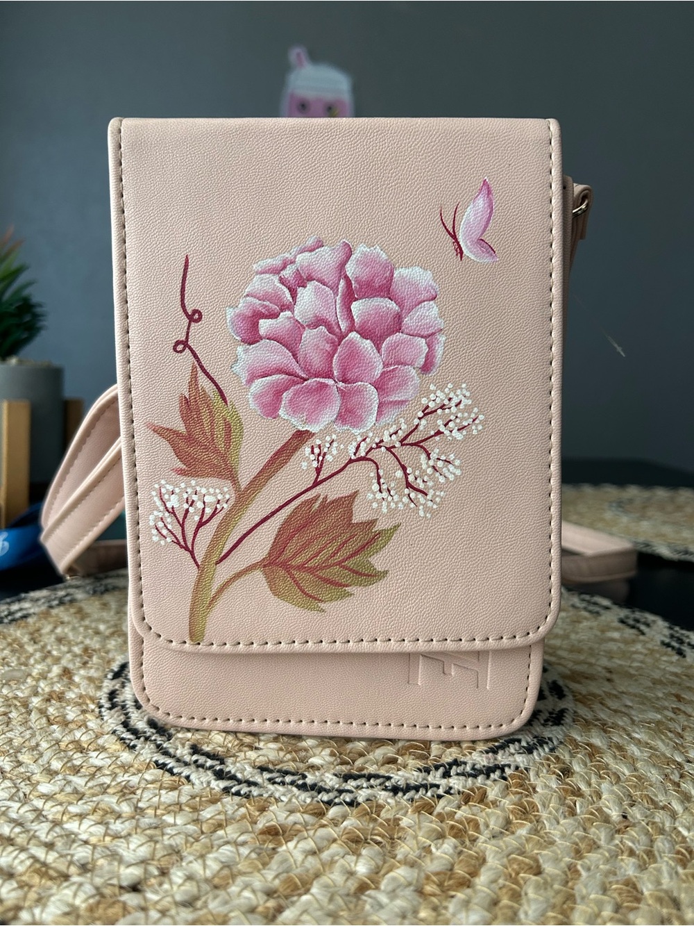 Blush Pink Floral Crossbody Bag with Hand-Painted Detail